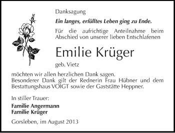 Traueranzeige von Emilie Krüger von Mitteldeutsche Zeitung Halle/Saalkreis
