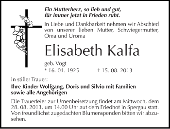 Traueranzeige von Elisabeth Kalfa von Mitteldeutsche Zeitung Merseburg/Querfurt