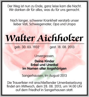 Traueranzeige von Walter Aichholzer von Mitteldeutsche Zeitung Sangerhausen