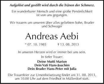 Traueranzeige von Andreas Aebi von Mitteldeutsche Zeitung Halle/Saalkreis