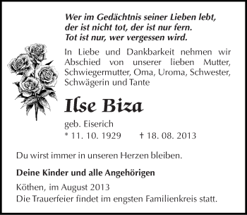 Traueranzeige von Ilse Biza von Mitteldeutsche Zeitung Köthen
