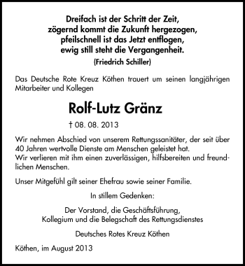 Traueranzeige von Rolf-Lutz Gränz von Mitteldeutsche Zeitung Köthen