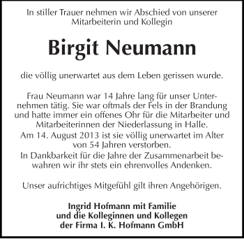 Traueranzeige von Birgit Neumann von Mitteldeutsche Zeitung Halle/Saalkreis