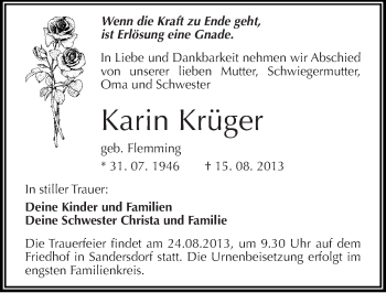 Traueranzeige von Karin Krüger von Mitteldeutsche Zeitung Bitterfeld