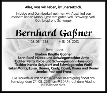 Traueranzeige von Bernhard Gaßner von Mitteldeutsche Zeitung Halle/Saalkreis