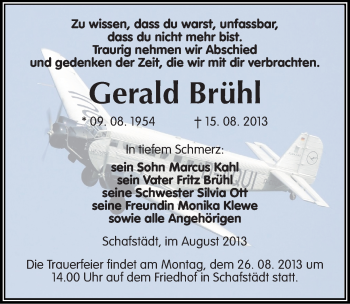 Traueranzeige von Gerald Brühl von Mitteldeutsche Zeitung Merseburg/Querfurt