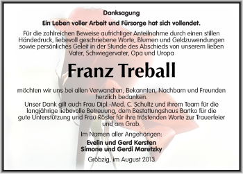 Traueranzeige von Franz Treball von Mitteldeutsche Zeitung Köthen