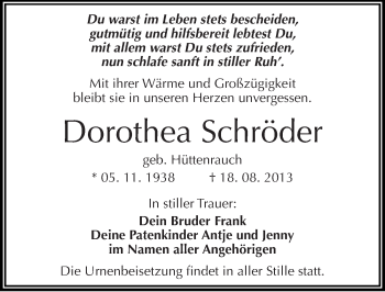 Traueranzeige von Dorothea Schröder von Mitteldeutsche Zeitung Halle/Saalkreis