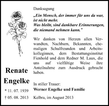 Traueranzeige von Renate Engelke von Mitteldeutsche Zeitung Sangerhausen