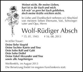 Traueranzeige von Wolf-Rüdiger Absch von Mitteldeutsche Zeitung Weißenfels