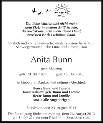 Traueranzeige von Anita Bunn von Mitteldeutsche Zeitung Mansfelder Land