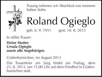Traueranzeige von Roland Ogieglo von Mitteldeutsche Zeitung Wittenberg