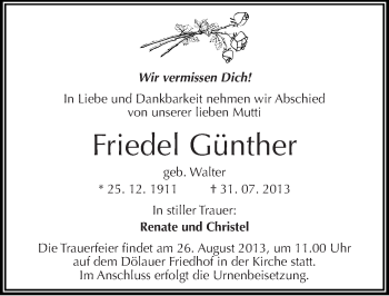 Traueranzeige von Friedel Günther von Mitteldeutsche Zeitung Halle/Saalkreis
