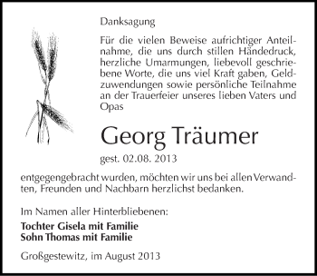 Traueranzeige von Georg Träumer von Mitteldeutsche Zeitung Naumburg/Nebra