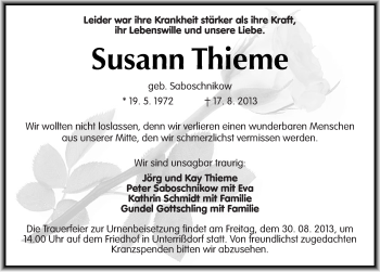 Traueranzeige von Susann Thieme von Mitteldeutsche Zeitung Mansfelder Land