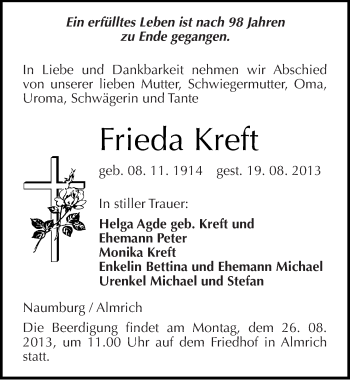 Traueranzeige von Frieda Kreft von Mitteldeutsche Zeitung Naumburg/Nebra