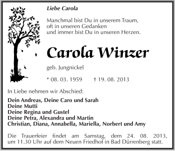 Traueranzeige von Carola Winzer von Mitteldeutsche Zeitung Merseburg/Querfurt