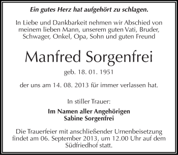 Traueranzeige von Manfred Sorgenfrei von Mitteldeutsche Zeitung Halle/Saalkreis