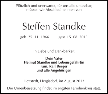 Traueranzeige von Steffen Standke von Mitteldeutsche Zeitung Mansfelder Land