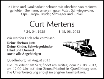 Traueranzeige von Curt Mertens von Mitteldeutsche Zeitung Quedlinburg