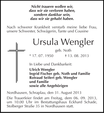 Traueranzeige von Ursula Wengler von Mitteldeutsche Zeitung Merseburg/Querfurt
