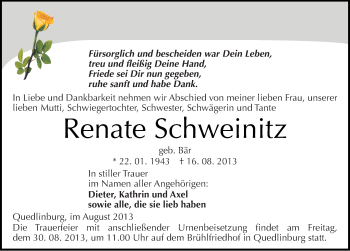 Traueranzeige von Renate Schweinitz von Mitteldeutsche Zeitung Quedlinburg