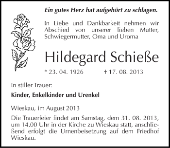 Traueranzeige von Hildegard Schieße von Mitteldeutsche Zeitung Köthen