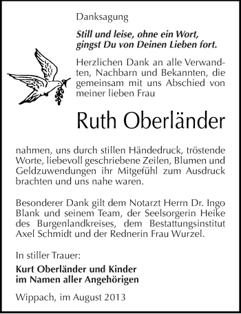 Traueranzeige von Ruth Oberländer von Mitteldeutsche Zeitung Naumburg/Nebra