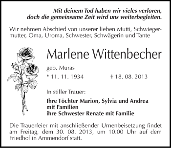 Traueranzeige von Marlene Wittenbecher von Mitteldeutsche Zeitung Halle/Saalkreis