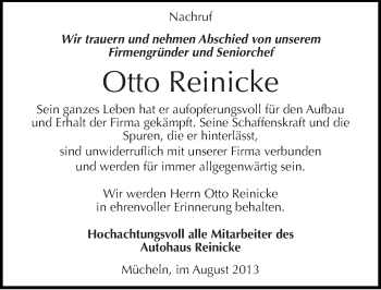 Traueranzeige von Otto Reinicke von Mitteldeutsche Zeitung Merseburg/Querfurt
