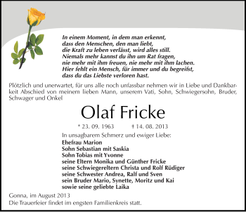 Traueranzeige von Olaf Fricke von Mitteldeutsche Zeitung Sangerhausen