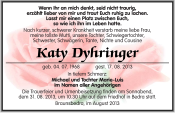 Traueranzeige von Katy Dyhringer von Mitteldeutsche Zeitung Merseburg/Querfurt