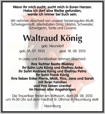 Traueranzeige von Waltraud König von Mitteldeutsche Zeitung Naumburg/Nebra