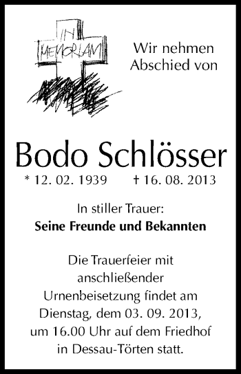 Traueranzeige von Bodo Schlösser von Mitteldeutsche Zeitung Dessau-Roßlau