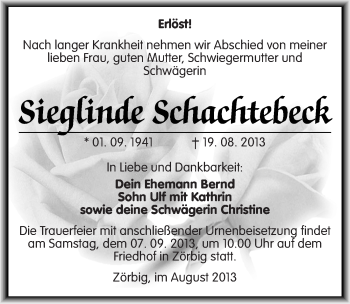 Traueranzeige von Sieglinde Schachtebeck von Mitteldeutsche Zeitung Bitterfeld