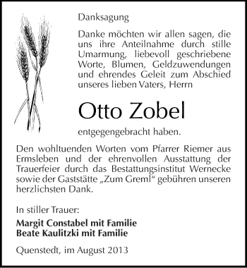 Traueranzeige von Otto Zobel von Mitteldeutsche Zeitung Mansfelder Land