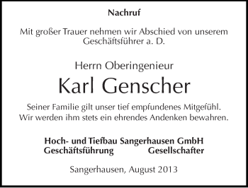 Traueranzeige von Karl Genscher von Mitteldeutsche Zeitung Sangerhausen