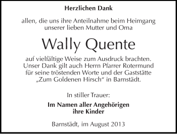Traueranzeige von Wally Quente von Mitteldeutsche Zeitung Merseburg/Querfurt