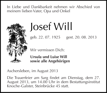 Traueranzeige von Josef Will von Mitteldeutsche Zeitung Aschersleben