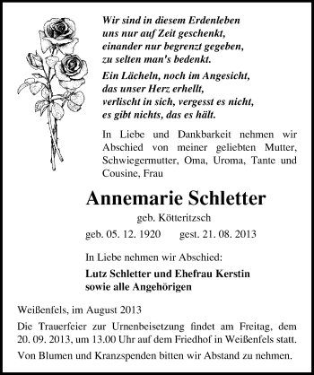 Traueranzeige von Annemarie Schletter von Mitteldeutsche Zeitung Weißenfels
