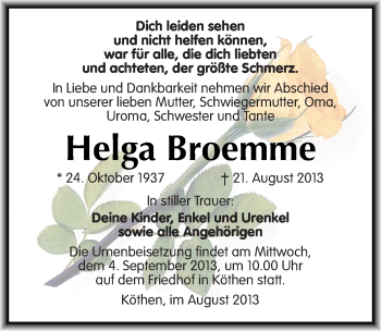 Traueranzeige von Helga Broemme von Mitteldeutsche Zeitung Köthen