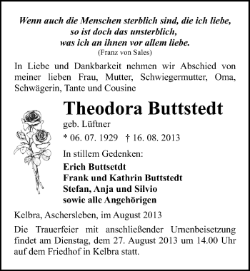 Traueranzeige von Theodora Buttstedt von Mitteldeutsche Zeitung Sangerhausen