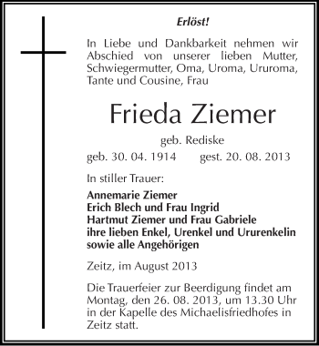 Traueranzeige von Frieda Ziemer von Mitteldeutsche Zeitung Zeitz