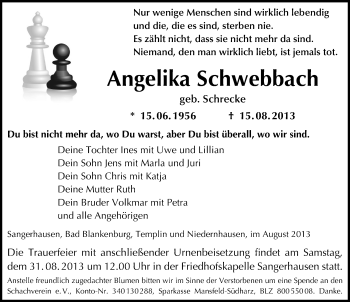 Traueranzeige von Angelika Schwebbach von Mitteldeutsche Zeitung Sangerhausen
