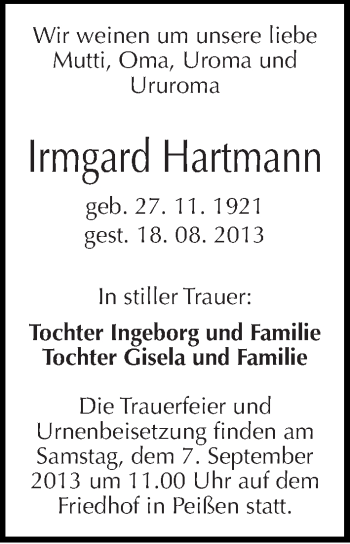 Traueranzeige von Irmgard Hartmann von Mitteldeutsche Zeitung Halle/Saalkreis
