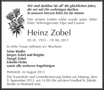 Traueranzeige von Heinz Zobel von Mitteldeutsche Zeitung Mansfelder Land