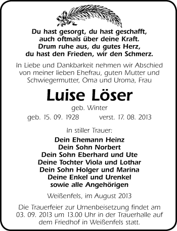 Traueranzeige von Luise Löser von Mitteldeutsche Zeitung Weißenfels