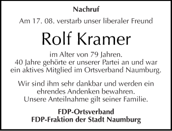 Traueranzeige von Rolf Kramer von Mitteldeutsche Zeitung Naumburg/Nebra
