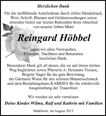 Traueranzeige von Reingard Höbbel von Mitteldeutsche Zeitung Quedlinburg