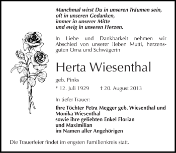 Traueranzeige von Herta Wiesenthal von Mitteldeutsche Zeitung Naumburg/Nebra